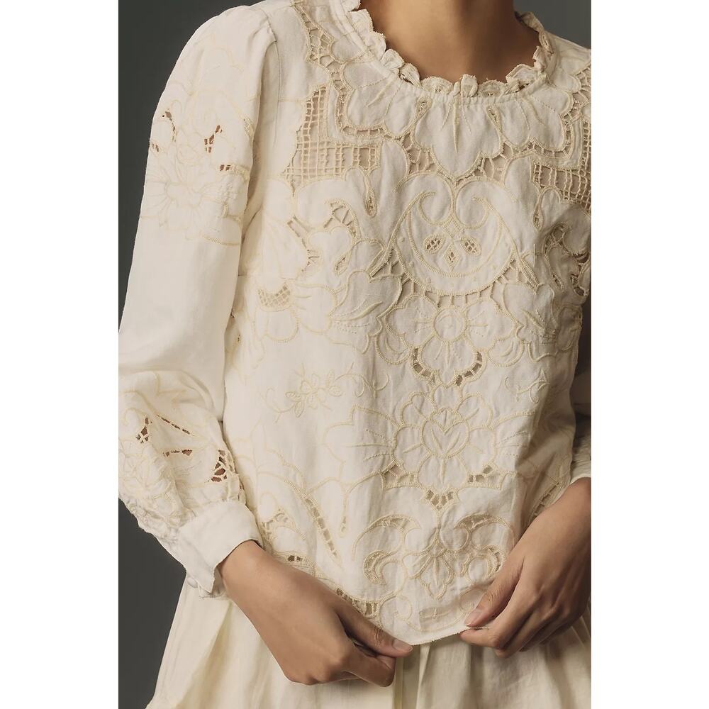 Anthropologie Lainie Cream Long Sleeve Lace Cutwork Blouse Women's Medium Linen - Picture 2 of 9